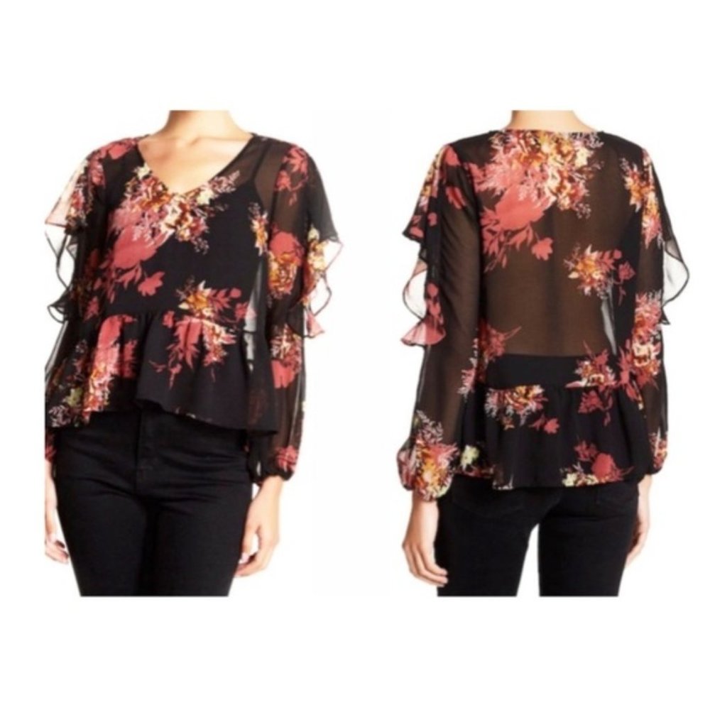 Sheer Floral Long Sleeve Top 4X Black